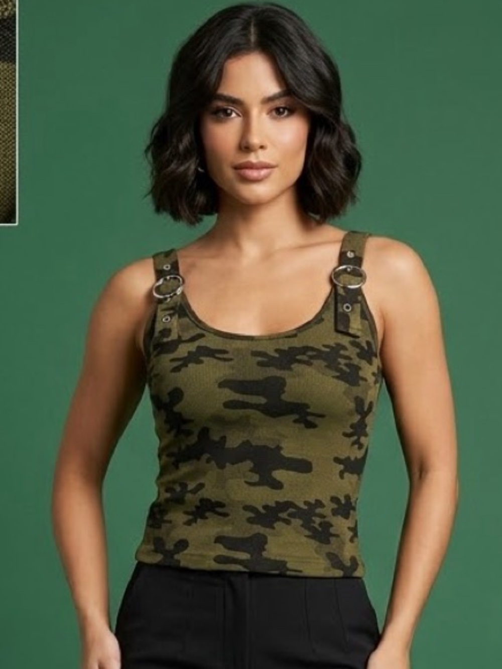 Camo Ribbed Tank Top with Buckle Straps - Olive